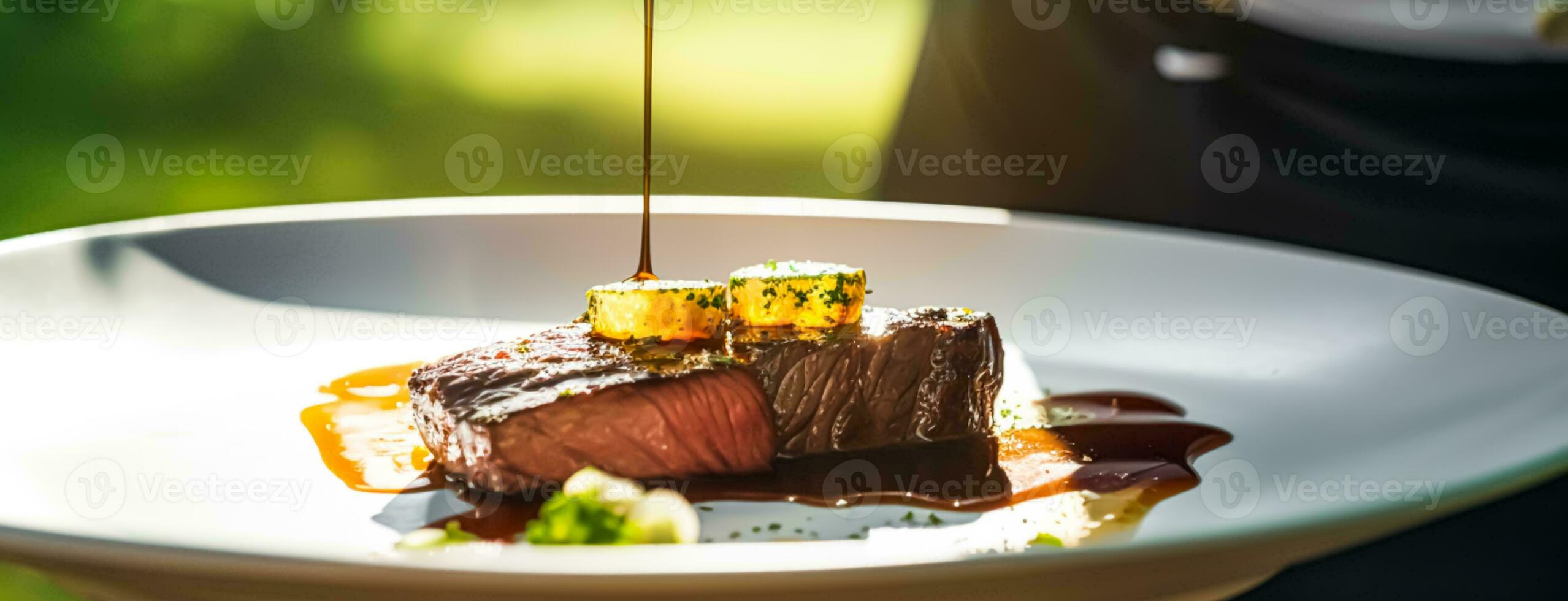 Steak served by a waiter at a luxury event outdoors, fine dining, post-processed, generative ai photo