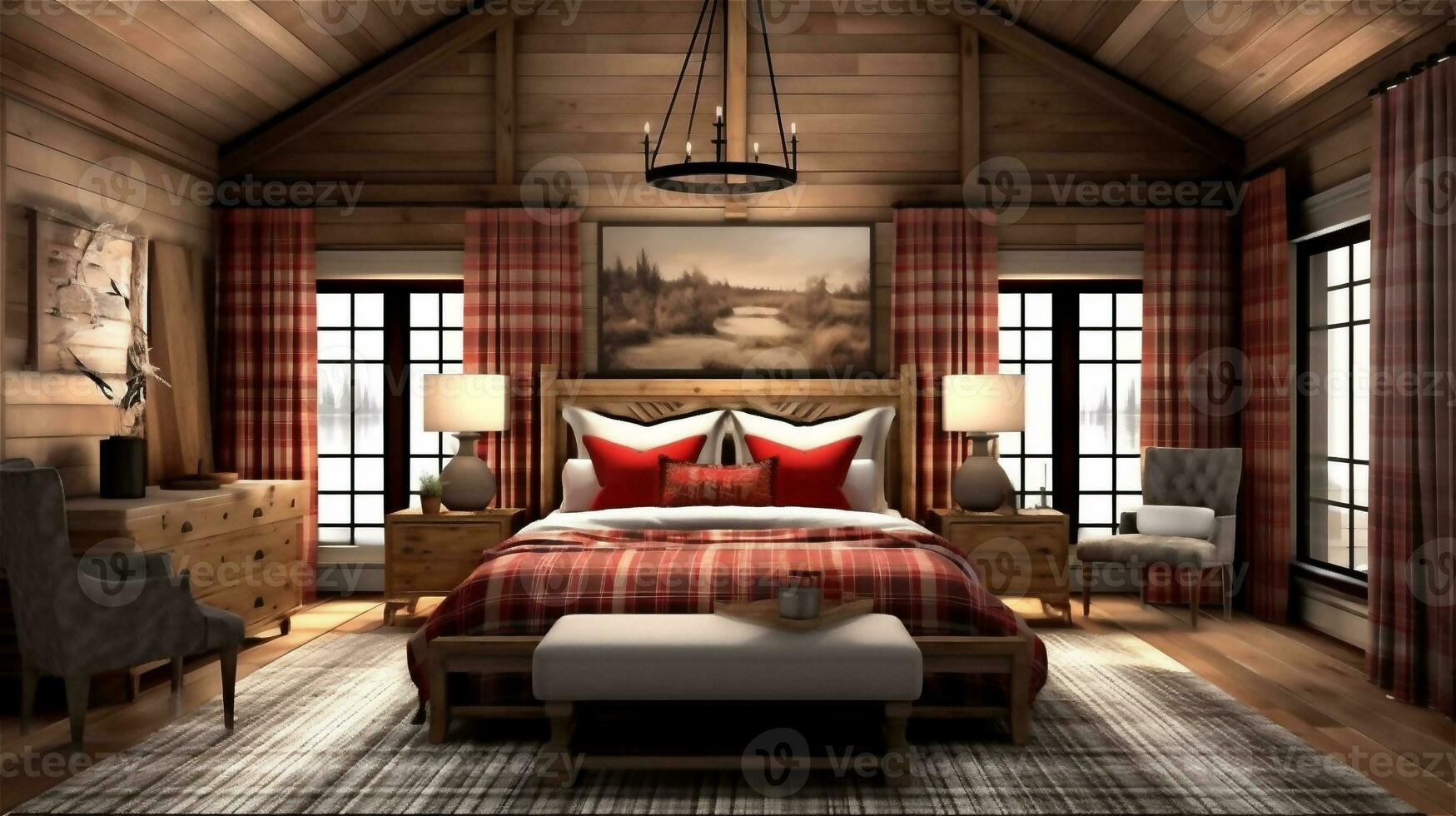 Generative AI, Cozy and Warm Rustic Bedroom with Stone Fireplace photo