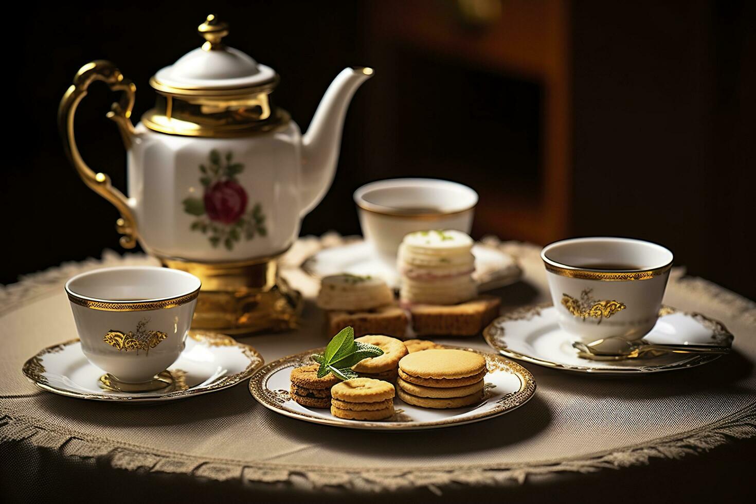 Classical served tea table with biscuits. Generative AI photo