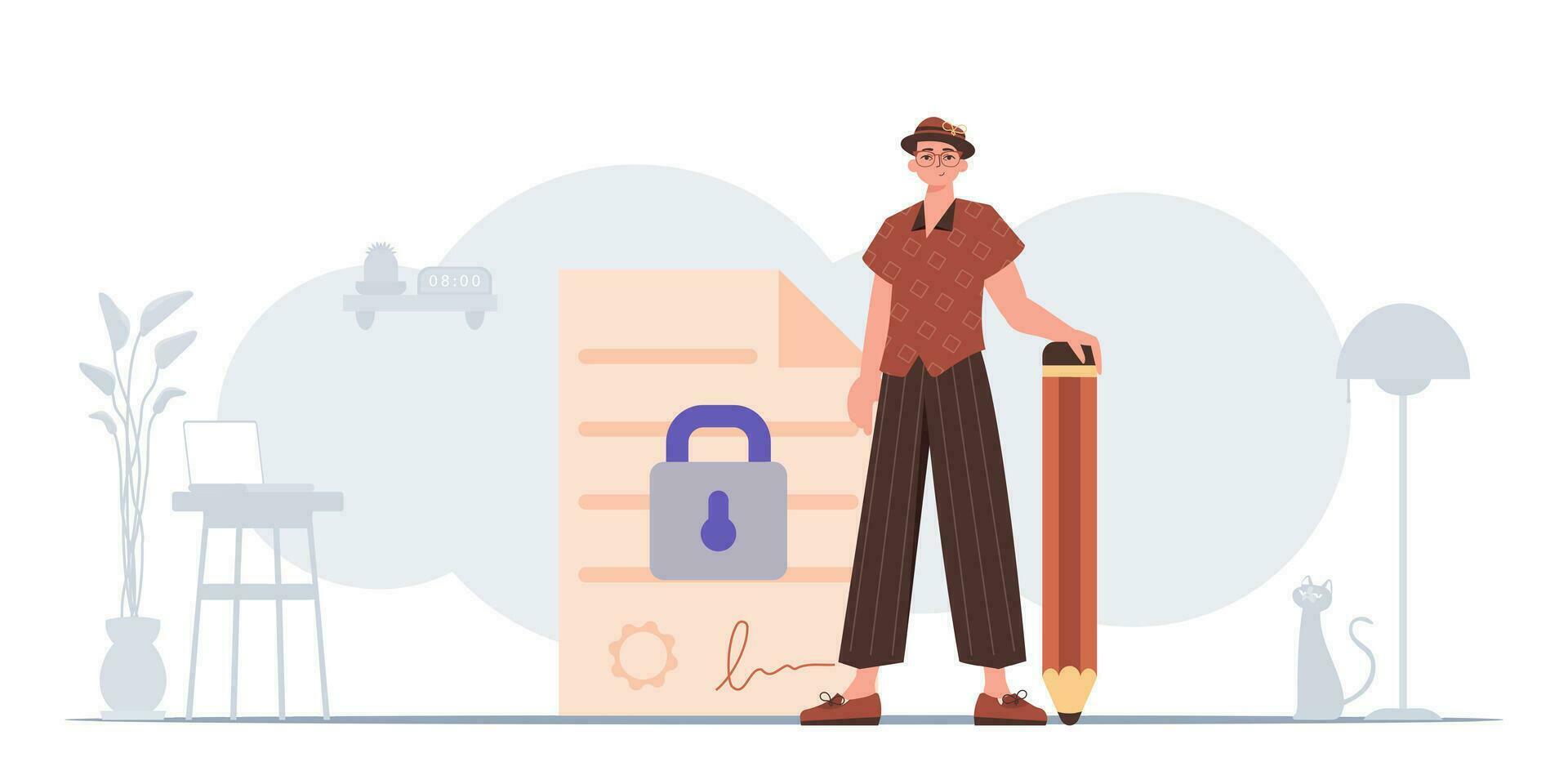 The concept of signing and protecting data. Smart contract. The guy is standing near a large document and holding a pencil. vector
