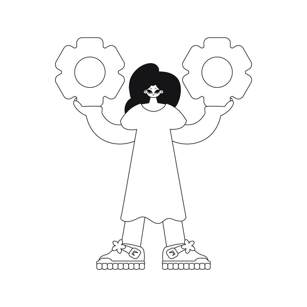 Girl holds gears in hands. Linear illustration in vector. vector