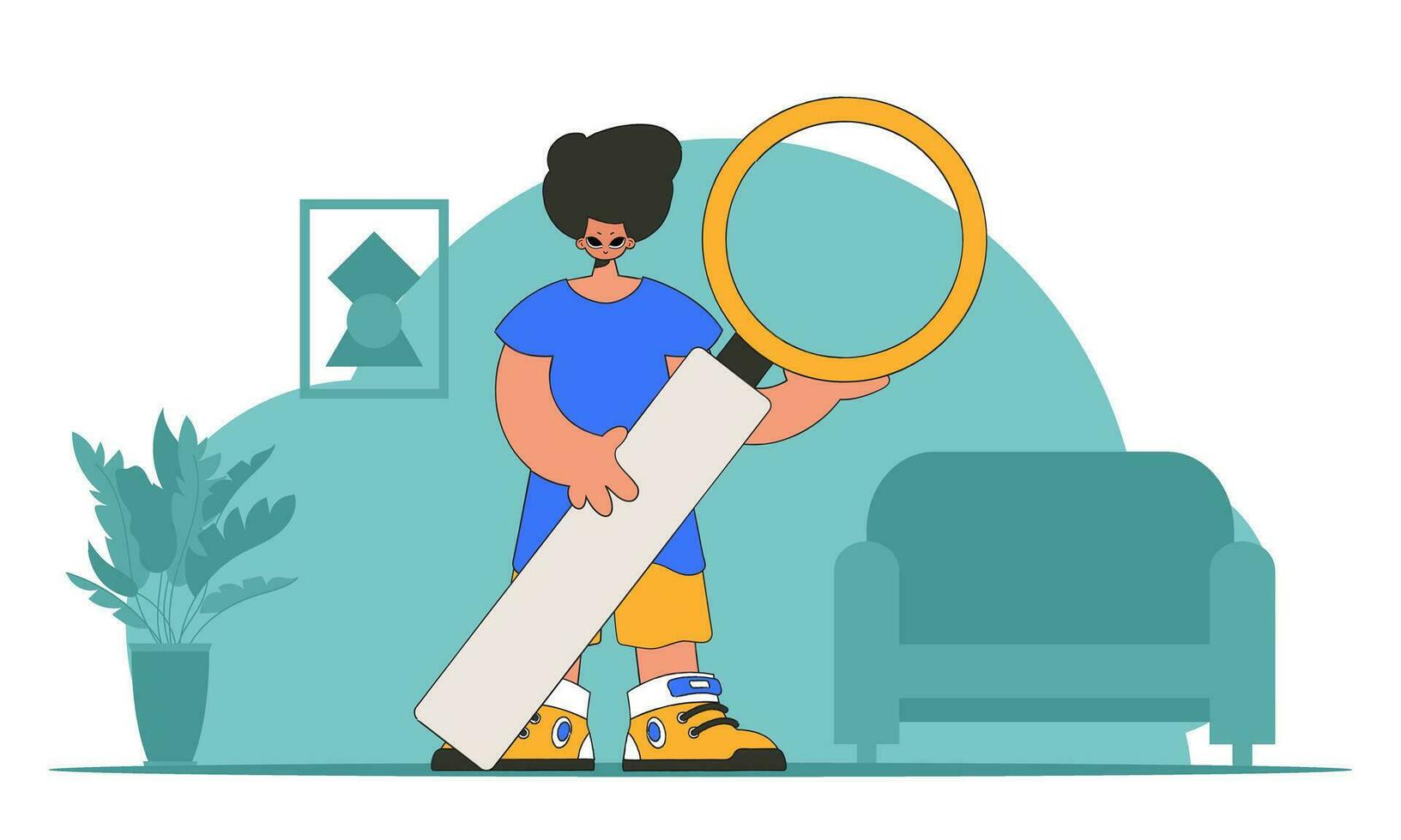 Concept Finding the necessary information on the Internet. The man is holding a magnifying glass. Linear retro style character. vector