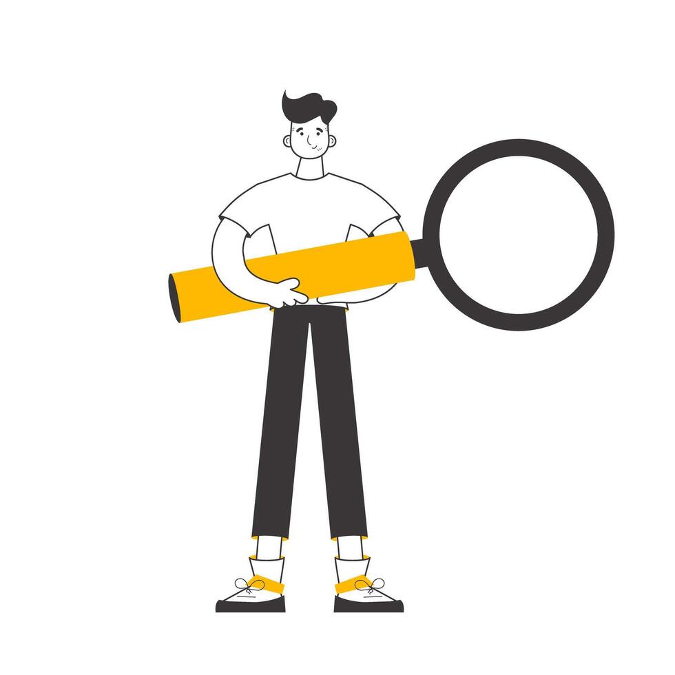 A man holds a magnifying glass in his hands. Linear trendy style. Isolated. Vector illustration.