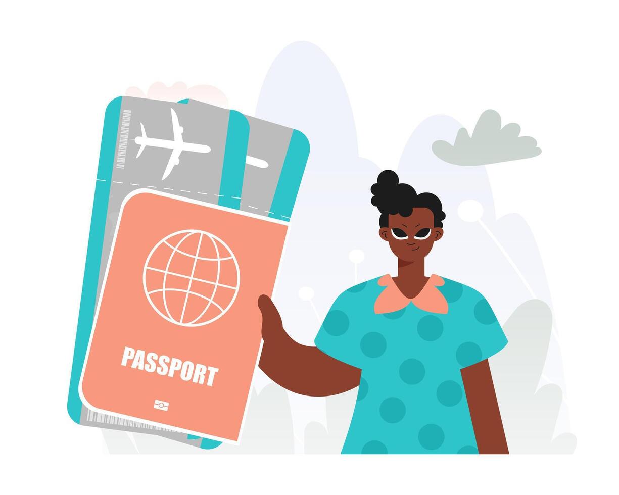 A woman holding a passport and an airplane vector