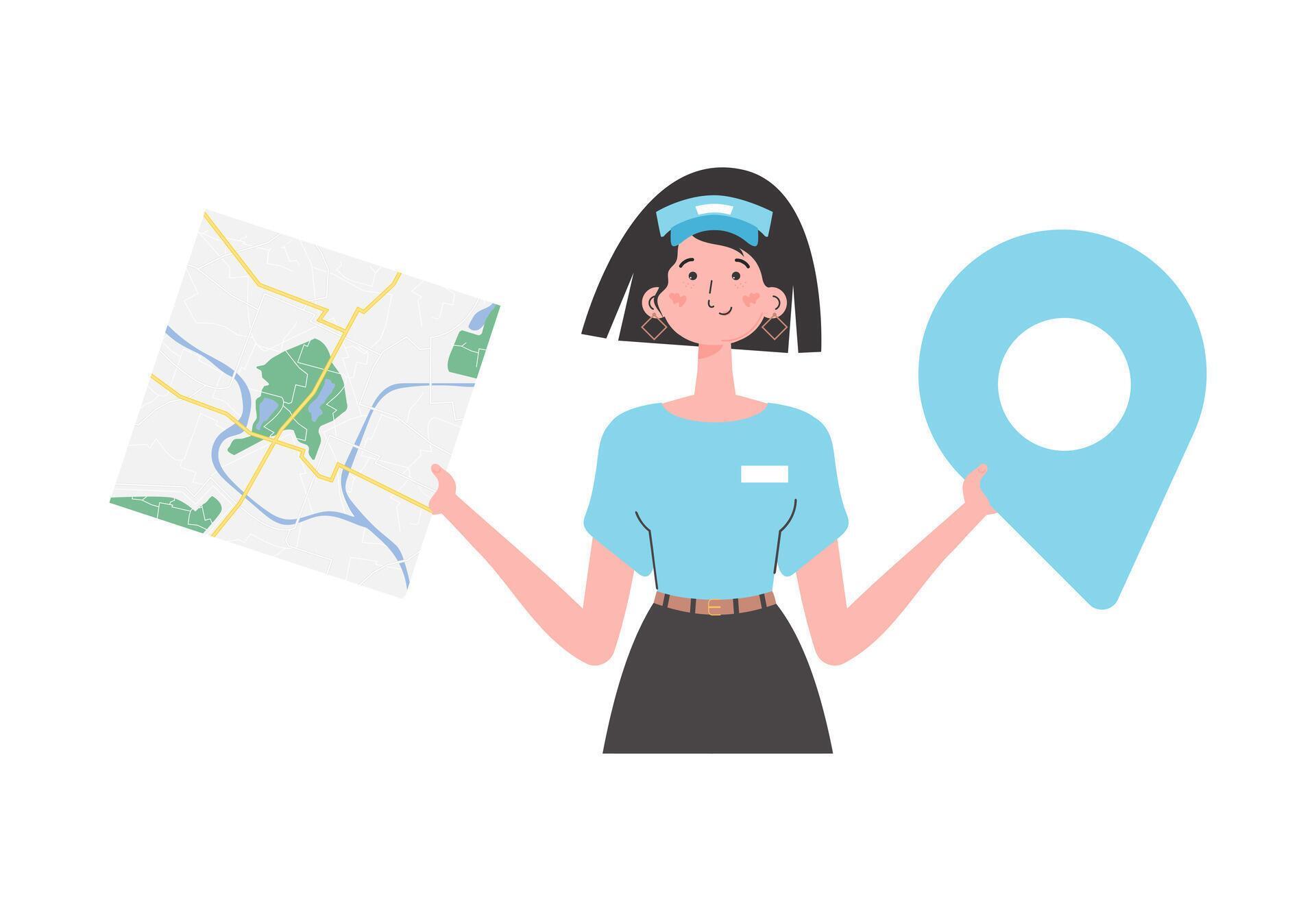 Girl delivery operator with a map in her hands. The character is
