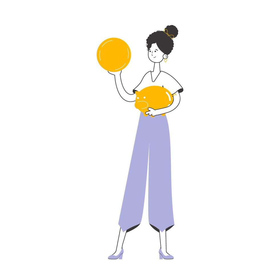A woman holds a coin and a piggy bank in her hands. The theme of saving money. Linear style. Isolated. Vector. vector