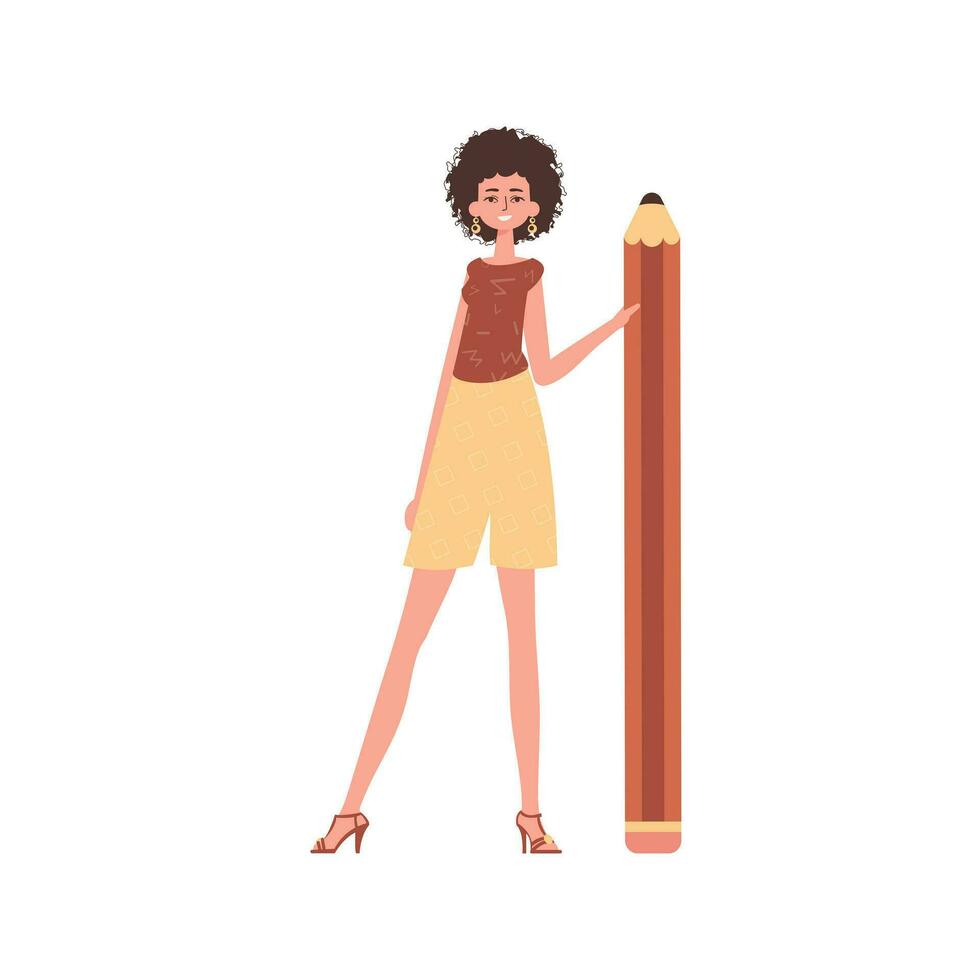 The girl is holding a pencil. Modern style character. vector