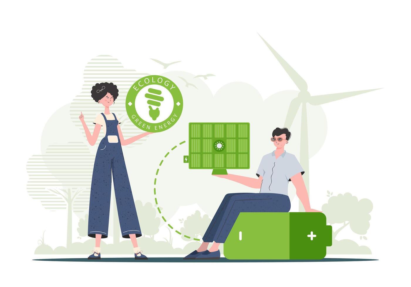 A girl and a guy and a solar panel. Green energy concept. illustration. vector