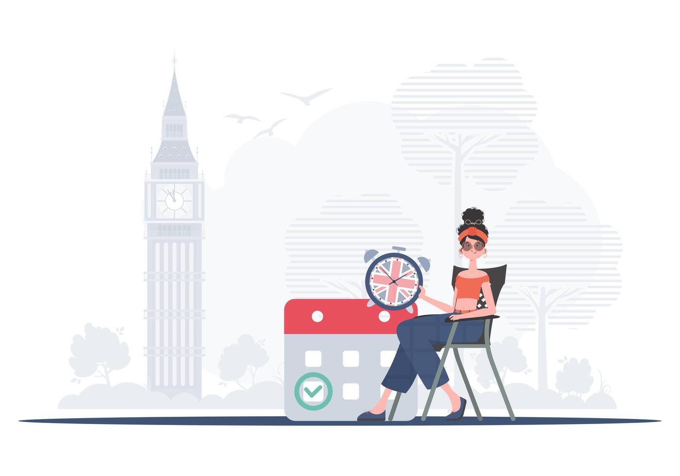 The concept of learning English. Woman holding a calendar with a marked date and a clock. Trendy cartoon style. illustration. vector