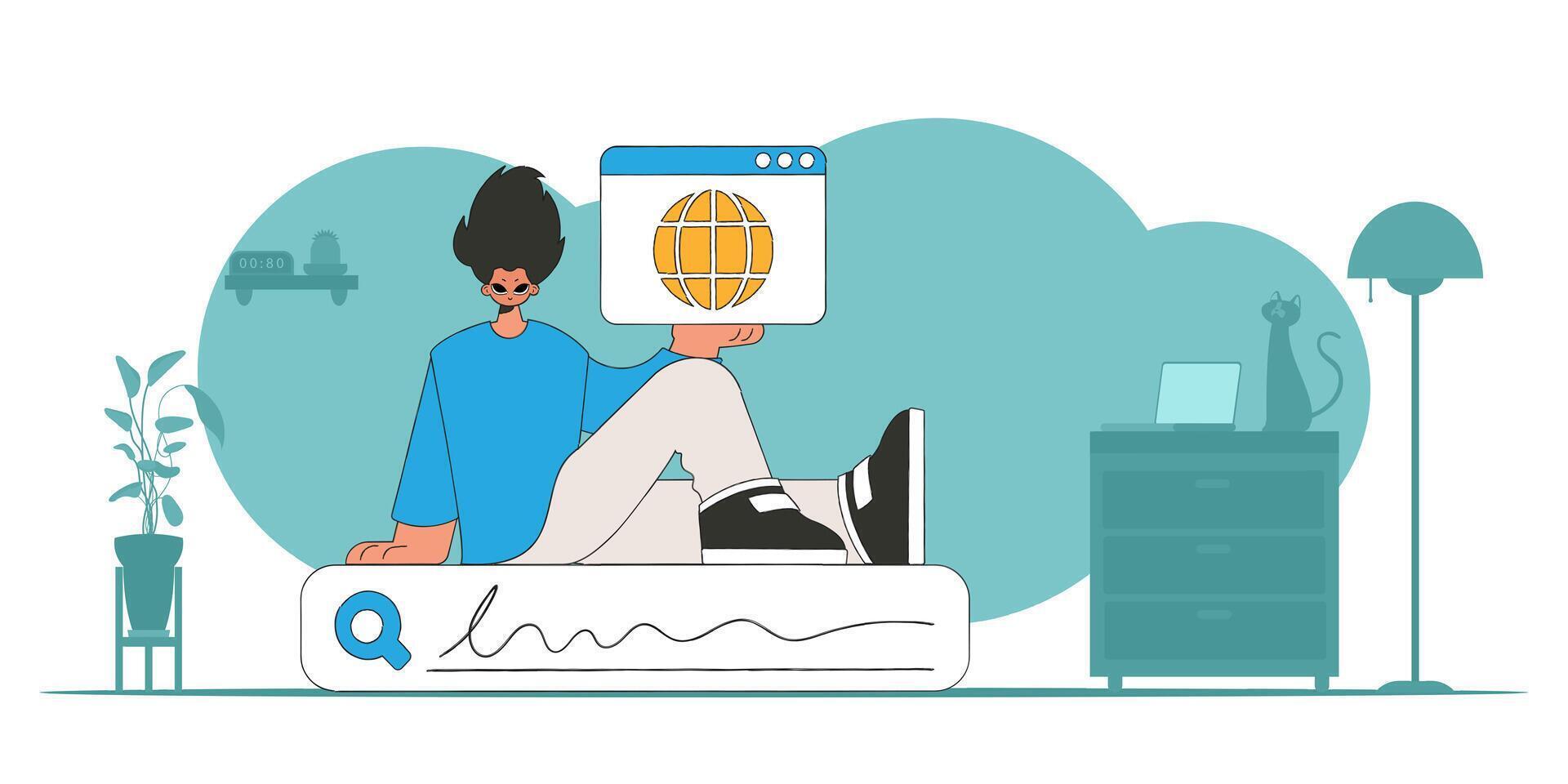 The concept of searching for information. The guy sits on the search bar and holds a web browser in his hands. Retro style character. vector