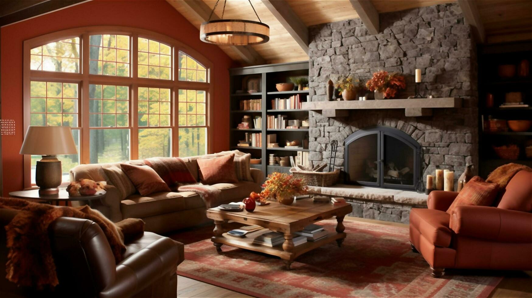 Generative AI, Rustic Living Room with Natural Materials and Warm Colors photo