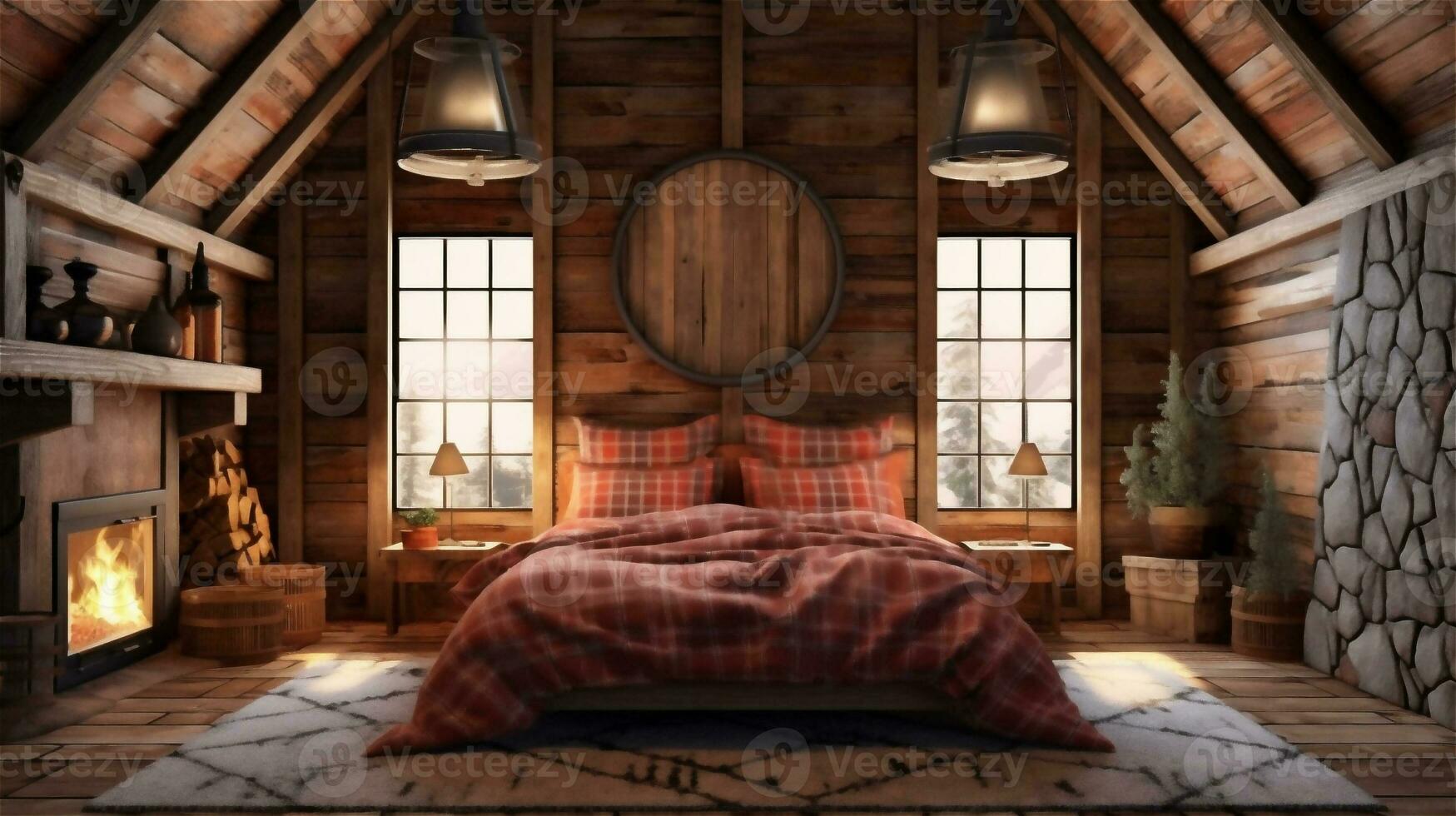 Generative AI, Cozy and Warm Rustic Bedroom with Stone Fireplace photo