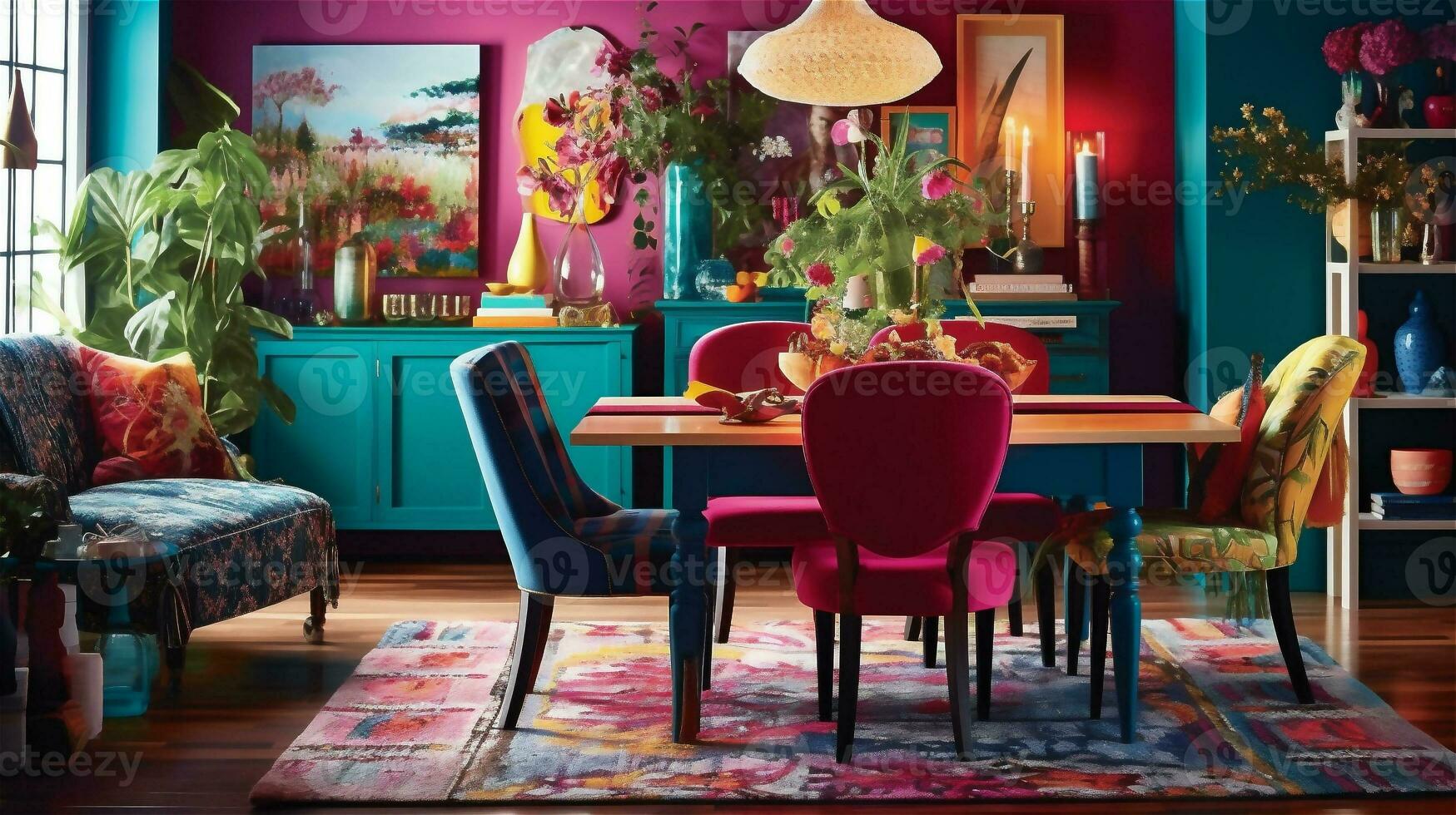 Generative AI, Boho-Chic Dining Room A Colorful and Eclectic Space photo