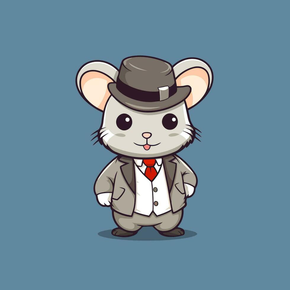 Cute mouse in a suit and a hat. Vector illustration.