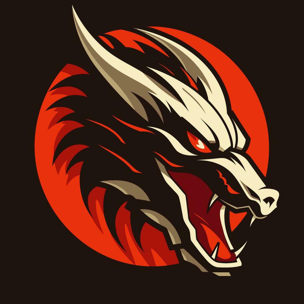 Angry dragon head on a red sun background. Vector illustration.
