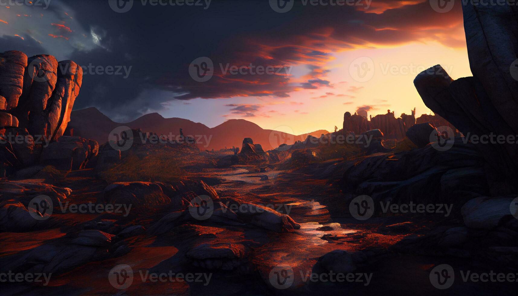 Generative AI, Layers of Light A Vibrant Mountain Range at Sunset photo