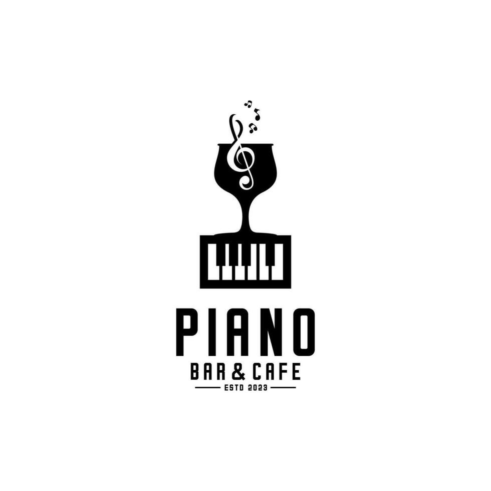 piano bar logo, vector de un vaso de vino en un piano teclado decorado con musical instrumentos