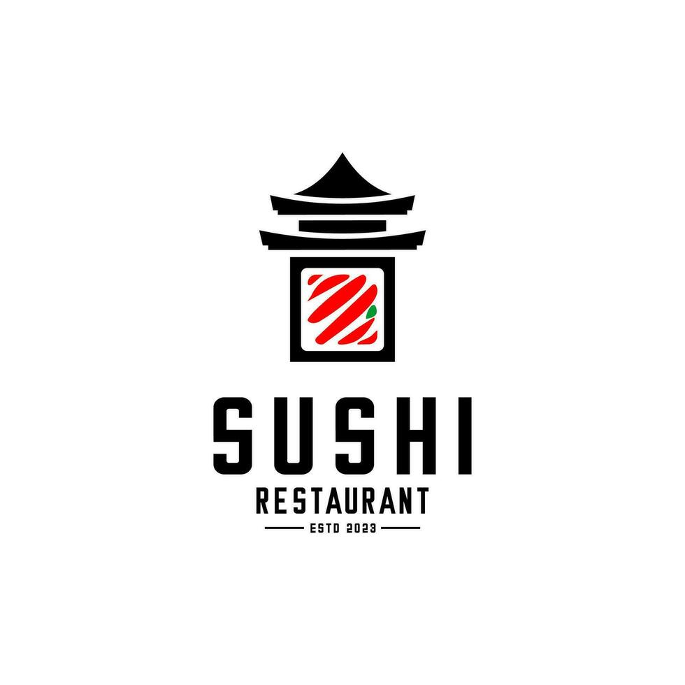 Sushi logo diseño y tradicional edificio vector