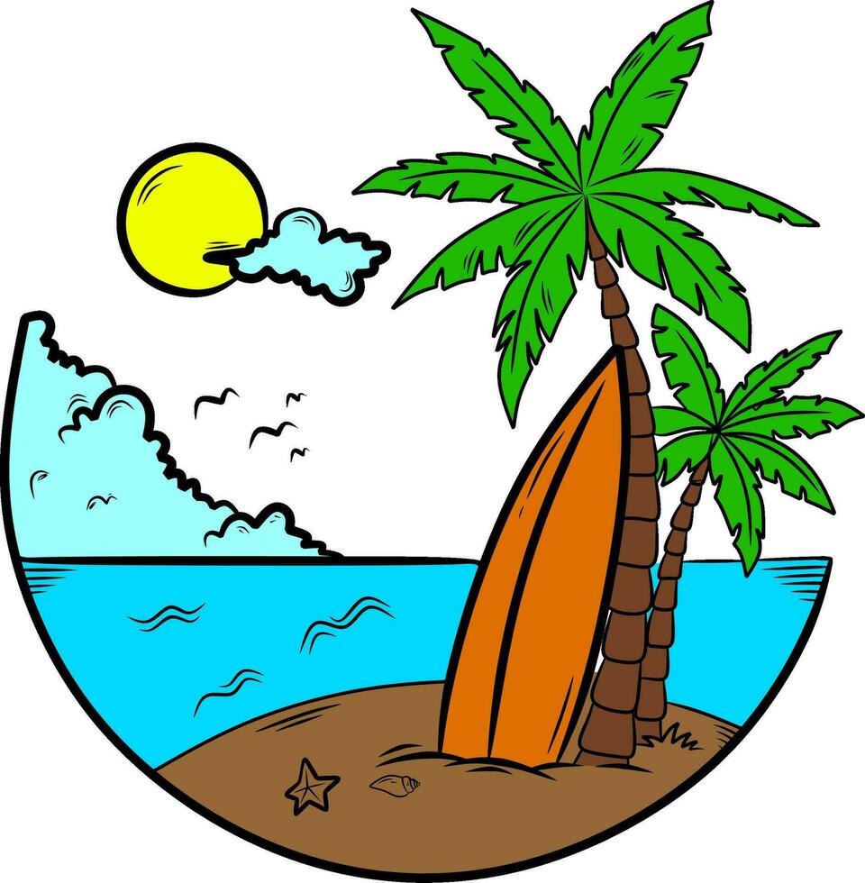 Beach with surfboard for t-shirt design vector