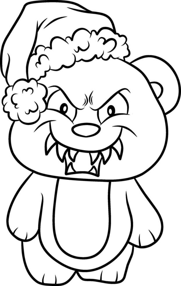 Evil teddy bear with Christmas hat line art vector