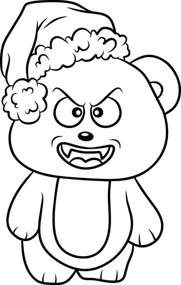 Evil teddy bear with Christmas hat line art vector