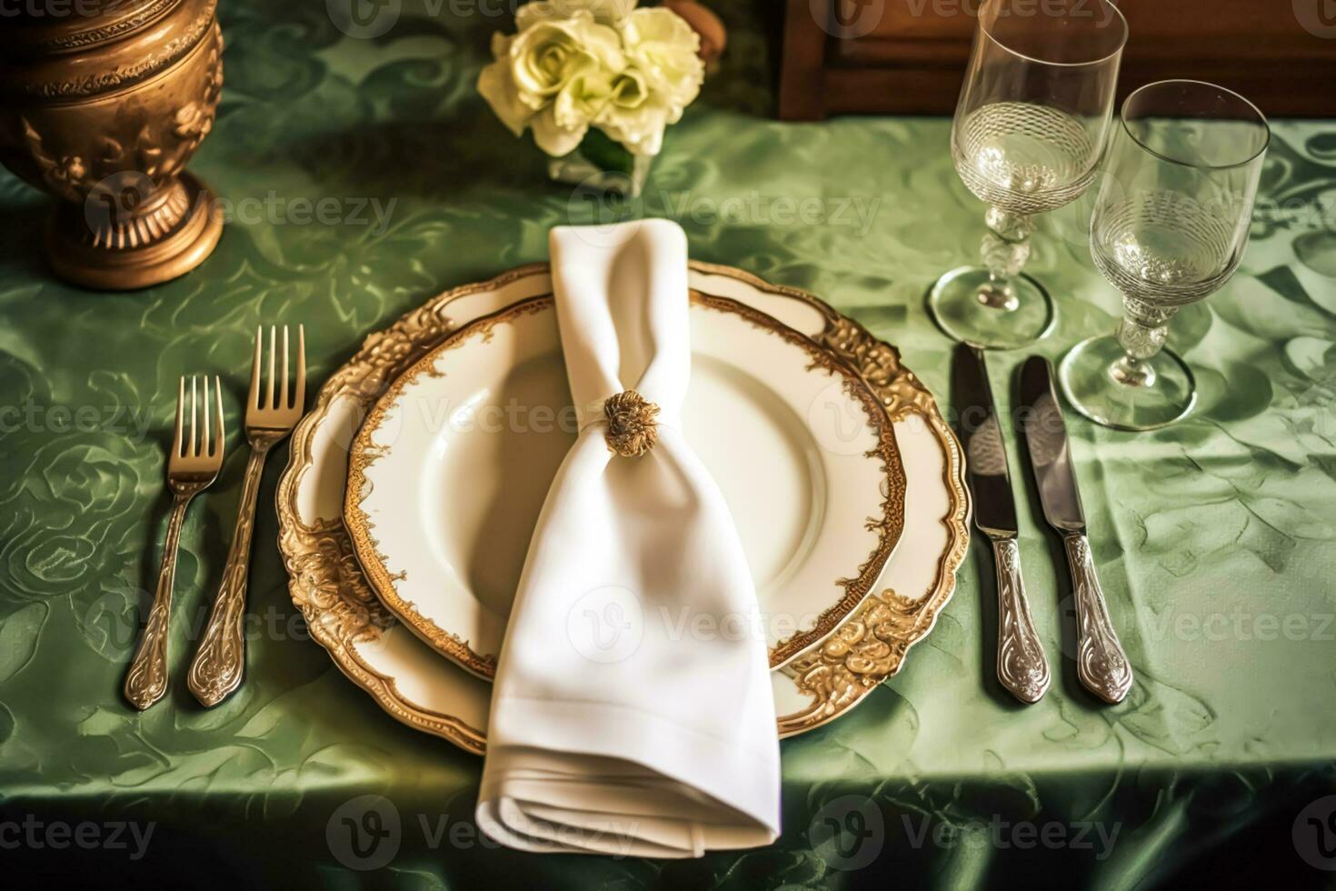 Elegant dinner table setting arrangement in English country style as flatlay tablescape, folded napkin on a serving plate, tableware and holiday table decor, generative ai photo