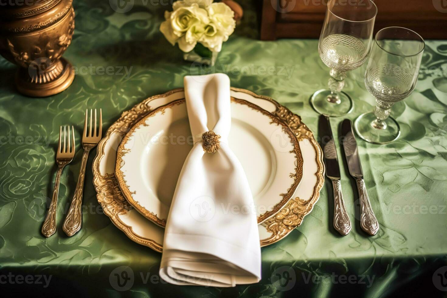 elegante cena mesa ajuste arreglo en Inglés país estilo como flatlay paisaje de mesa, doblada servilleta en un servicio lámina, vajilla y fiesta mesa decoración, generativo ai foto