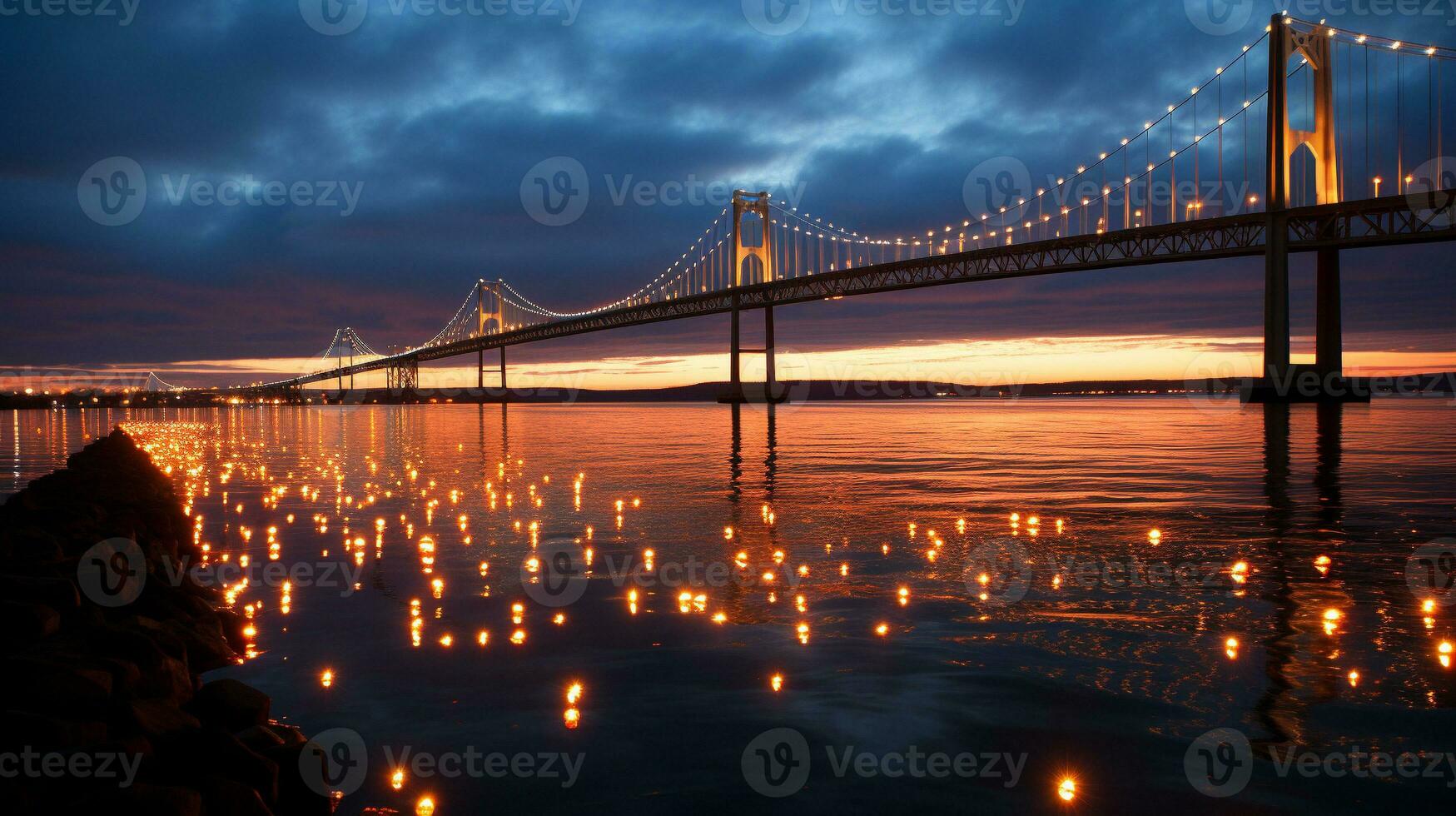 luminoso reflexiones Noche resplandor de un famoso puente, generativo ai foto