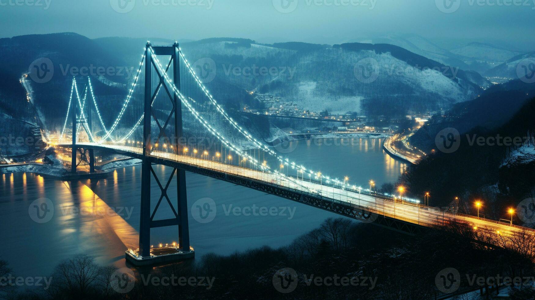 Luminous Reflections Nighttime Glow of a Famous Bridge, Generative AI photo