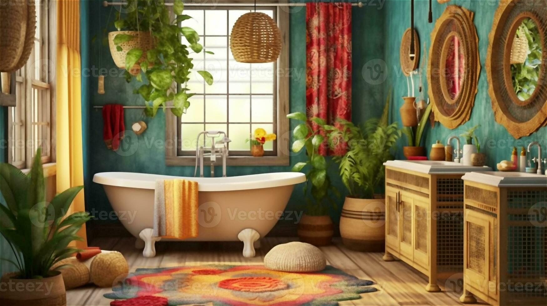 generativo ai, boho felicidad un vibrante y relajante baño diseño foto