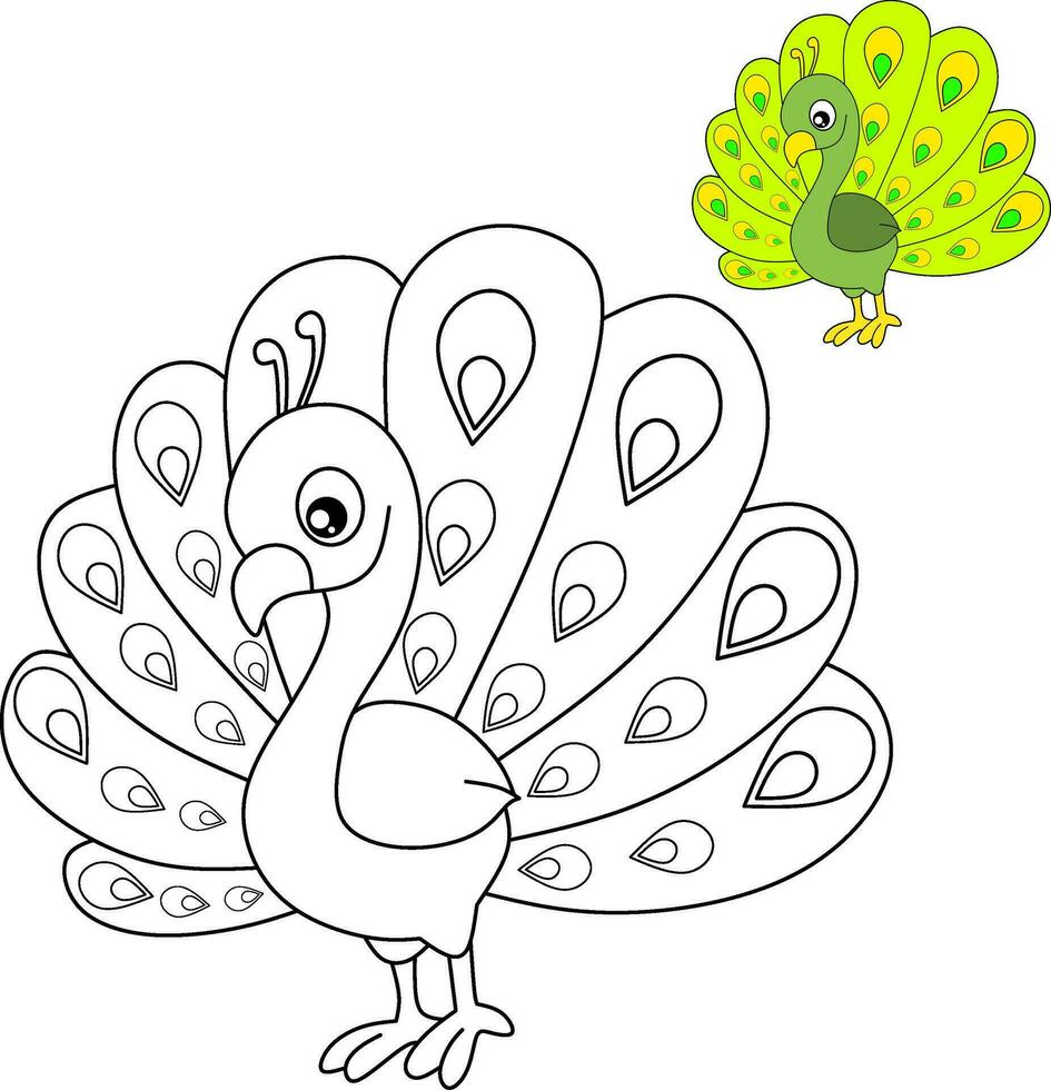 Peacock cartoon bird for coloring book page vector