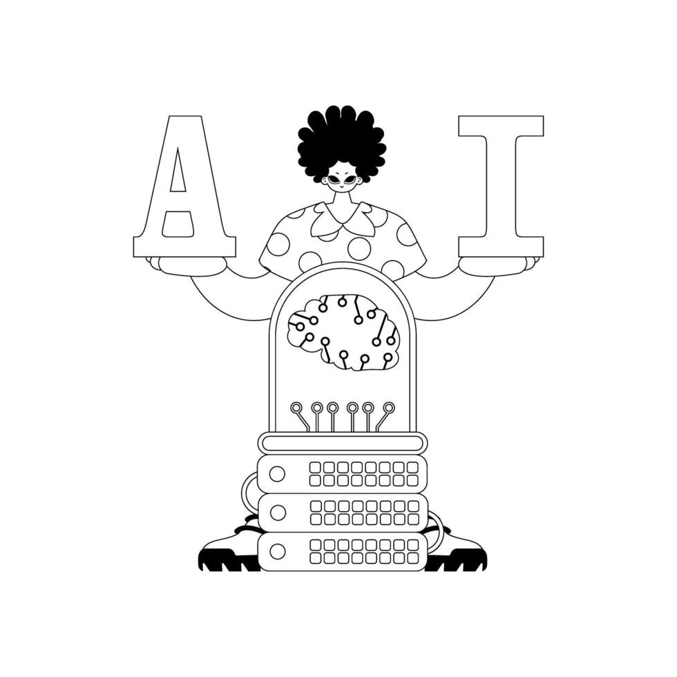 AI guy and server in linear style, set on an artificial intelligence theme vector