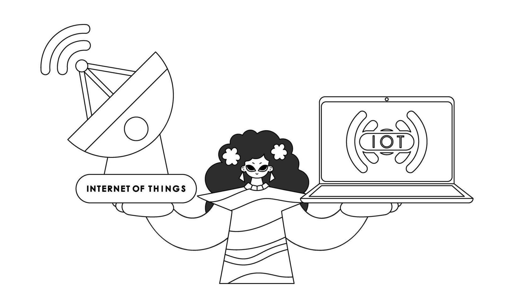 Female with antenna and laptop connected to IoT system, vector linear illustration