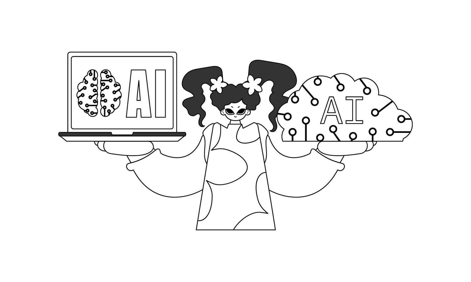 A black and white drawing of a woman holding a laptop and a brain vector