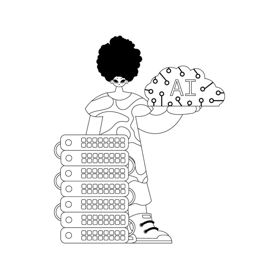 AI guy and server, linear artwork in AI theme vector