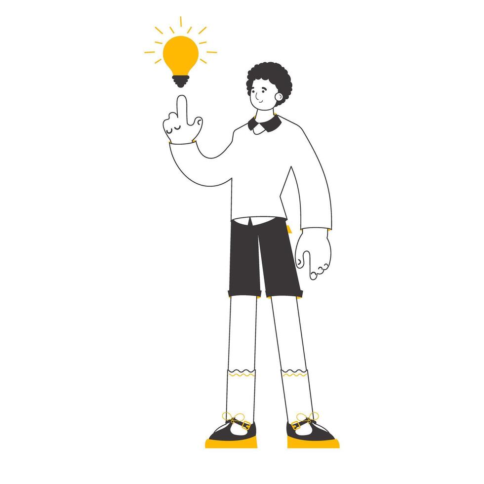 Man and light bulb. Idea concept. . Isolated. Lines modern style. vector