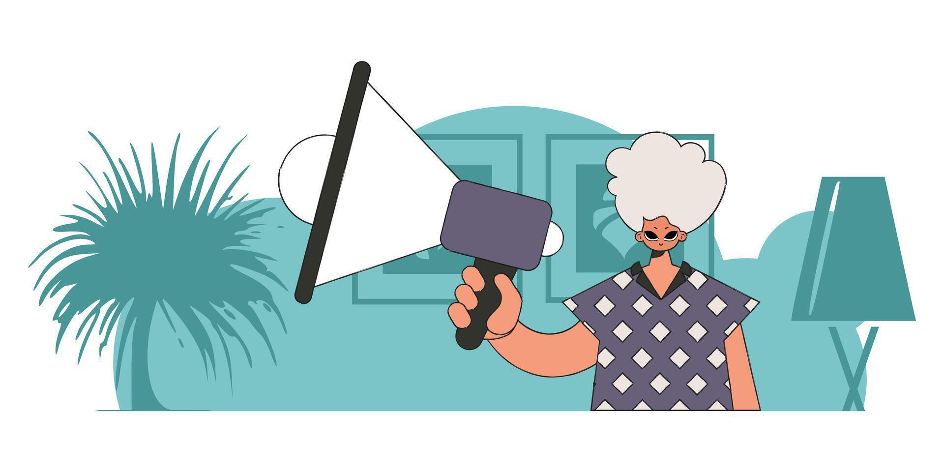 Concept Attraction and search of personnel. A man with a megaphone, symbolizing the search for people in the labor market. vector