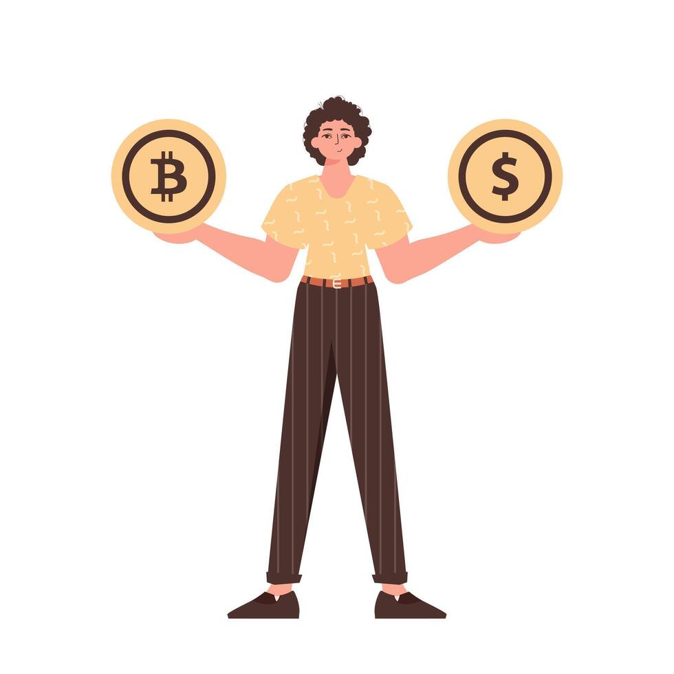 un hombre sostiene un moneda de bitcoin y dólar en su manos. personaje en moderno de moda estilo. vector