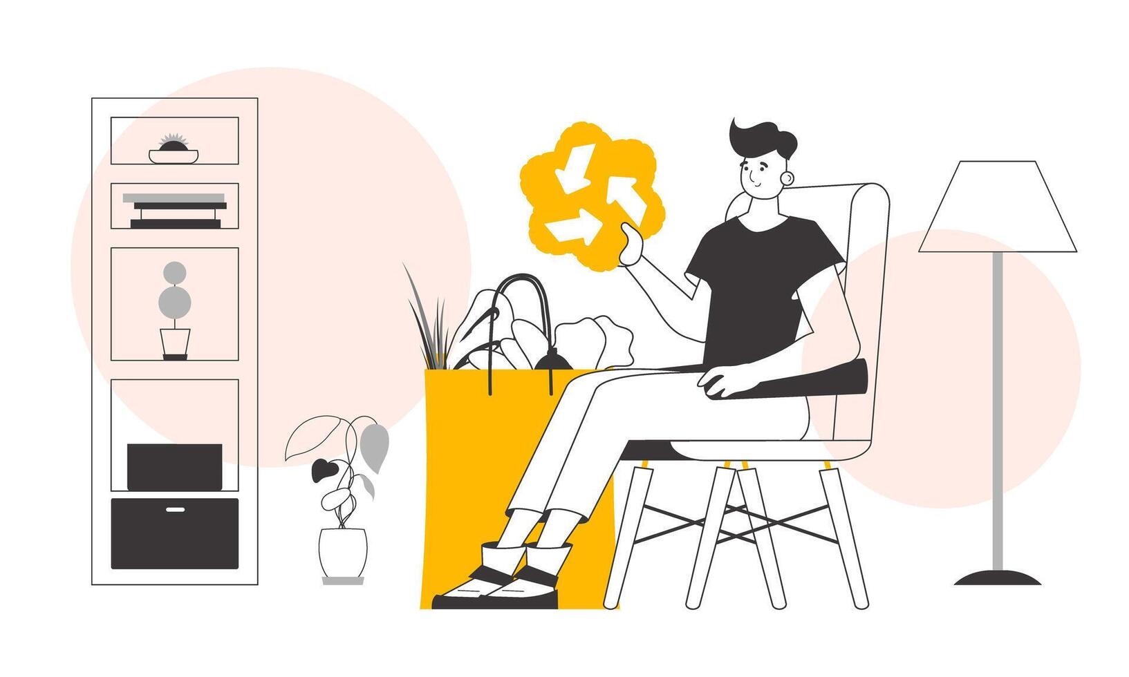 The concept of ecological products. A man, a package with products and an eco logo. Linear trendy style. vector