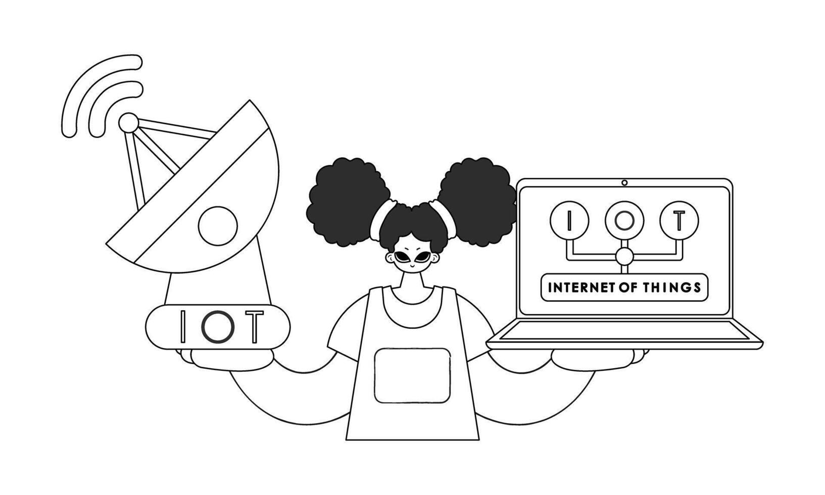 Woman working with internet of things data holding laptop and antenna, flat vector style