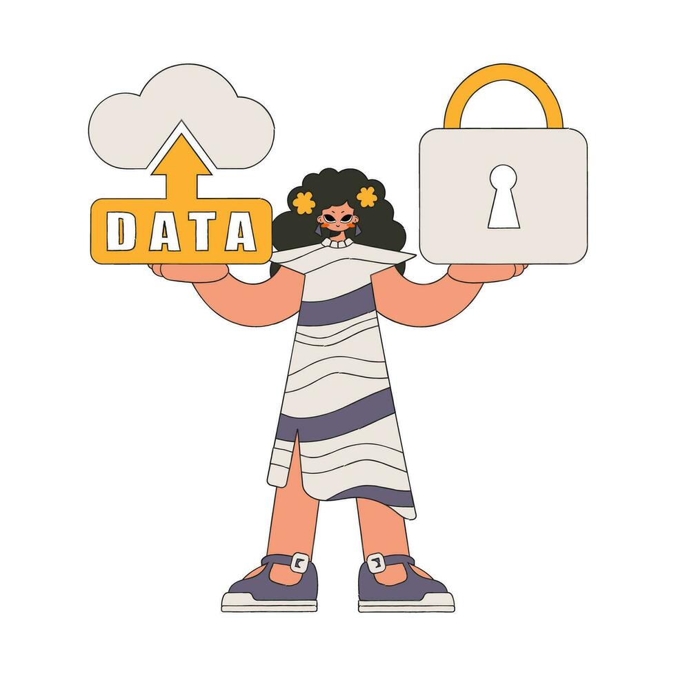 Girl with a cloud storage account and a padlock for security. vector