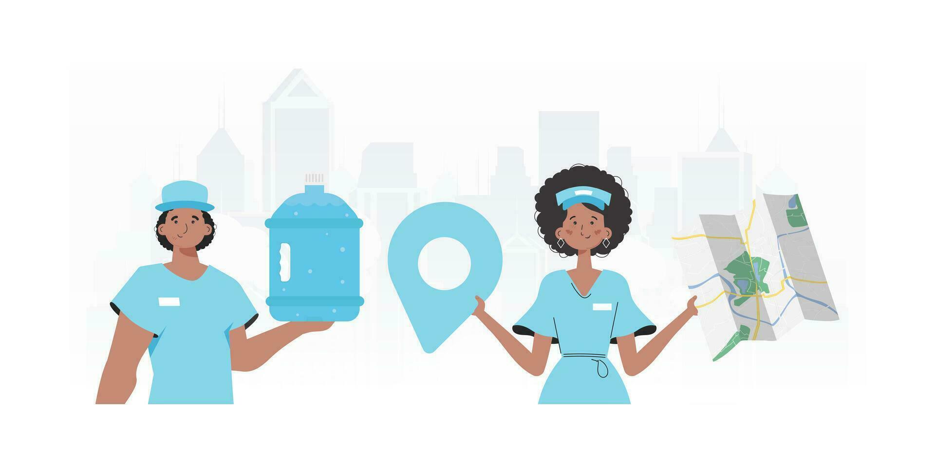 A group of people specializing in the delivery of water. trendy style. Vector illustration.