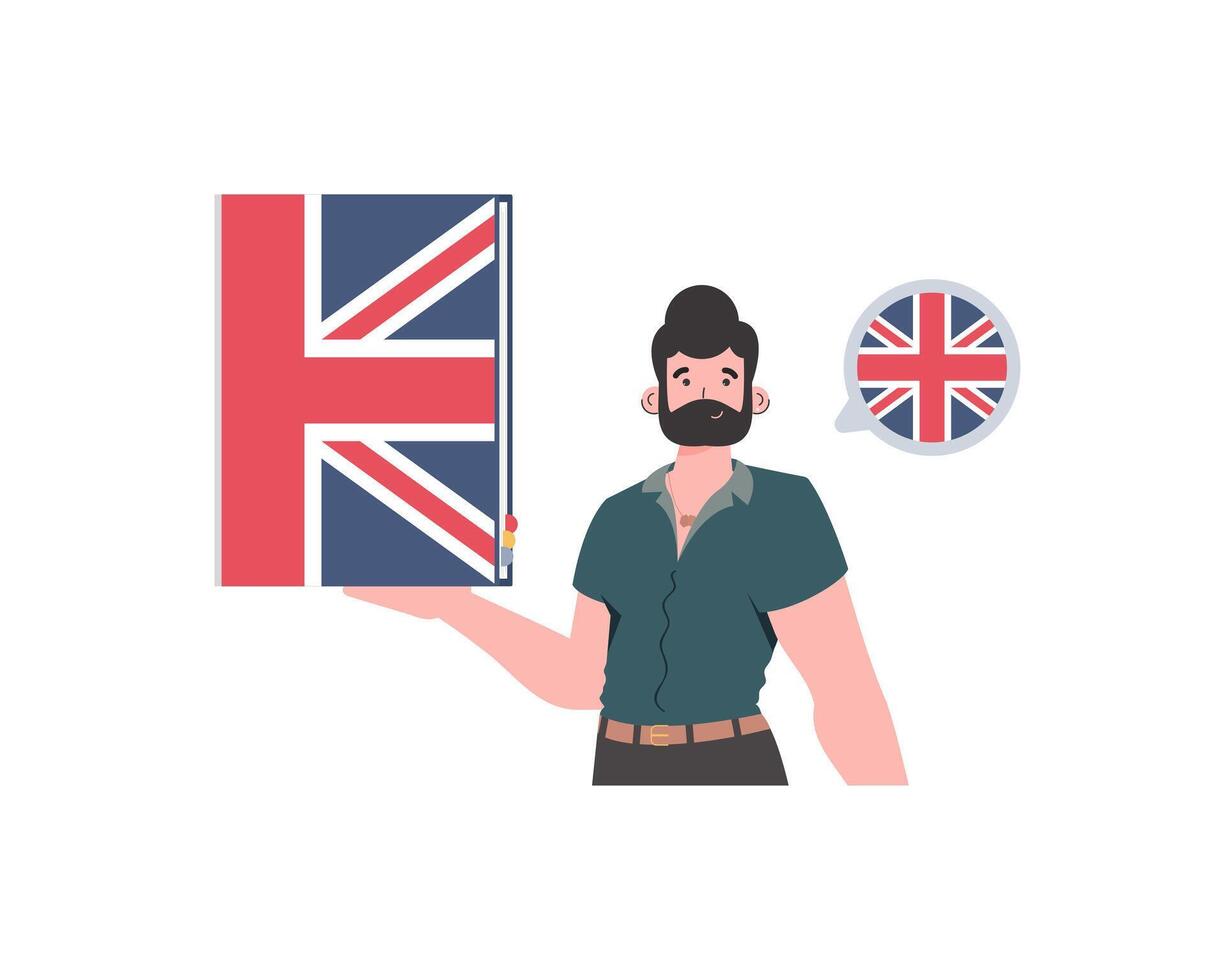 A man holds an English dictionary in his hands. The concept of learning English. Isolated. Flat modern style. . vector