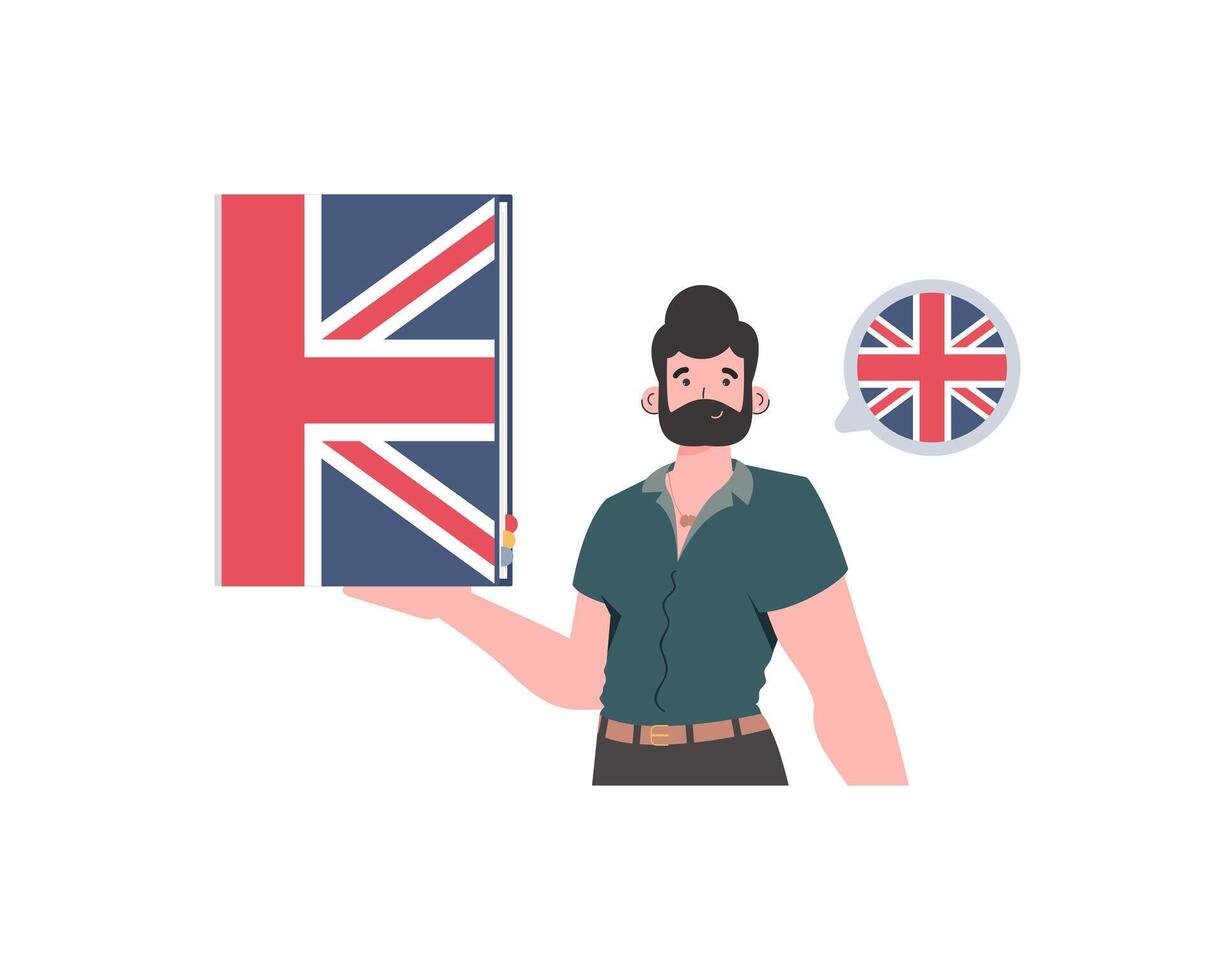 un hombre sostiene un Inglés diccionario en su manos. el concepto de aprendizaje inglés. aislado. plano moderno estilo. vector. vector