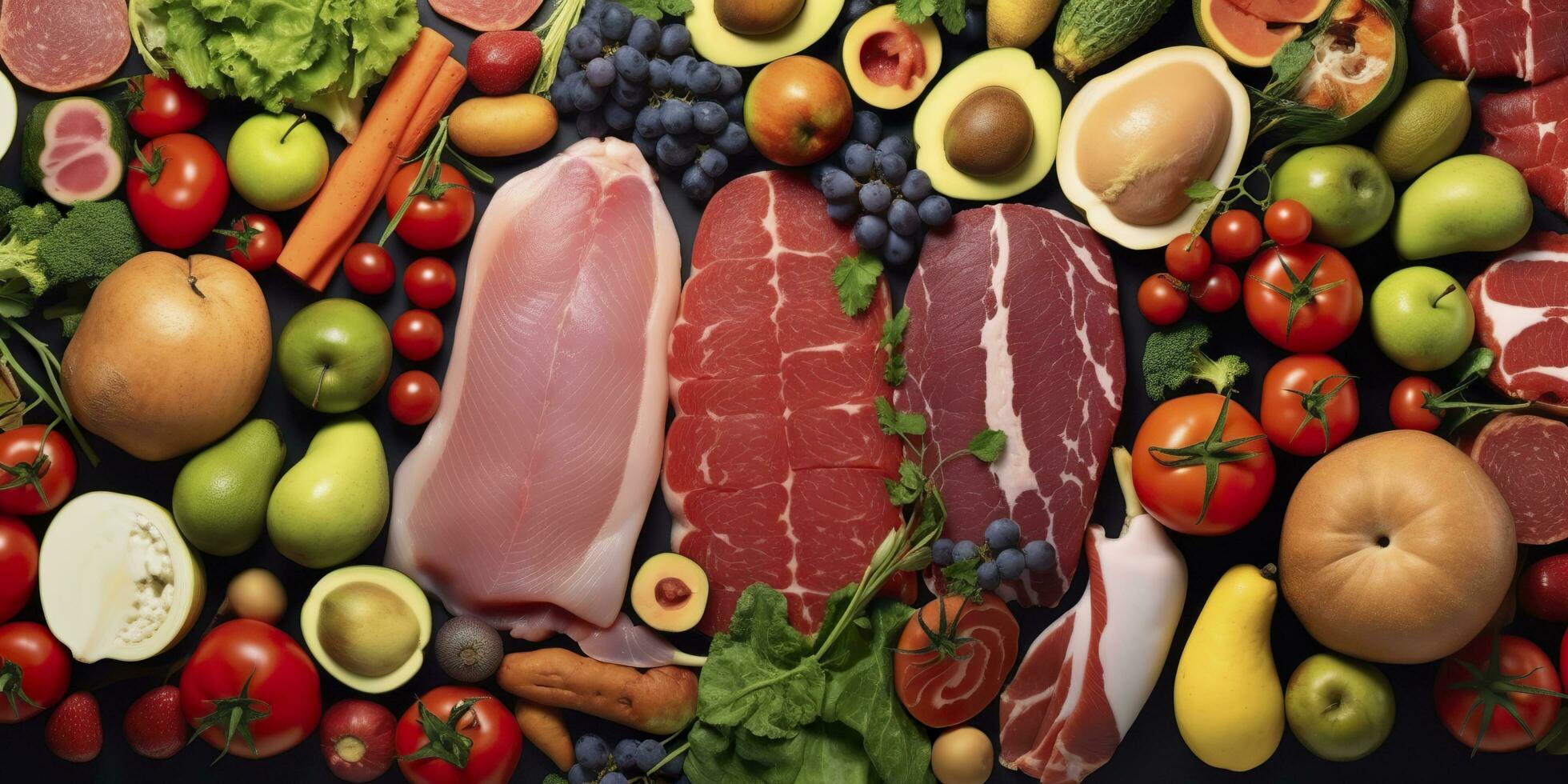 diferente tipos de carnes, verduras, y frutas laico en supermercados generativo ai foto