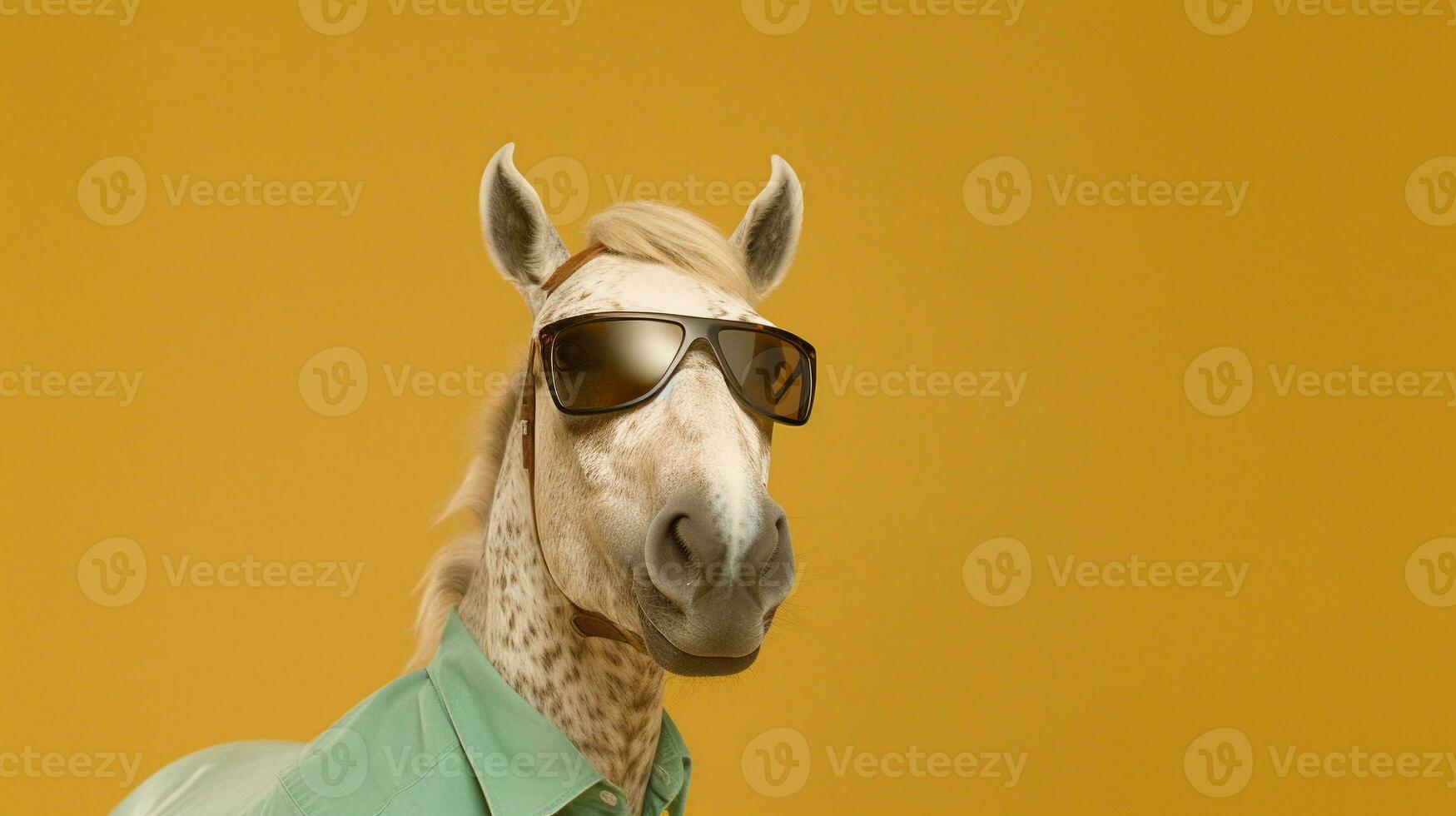 Generative AI, Cool Equine Vibes A Horse Sporting Stylish Sunglasses on a Pastel Background photo