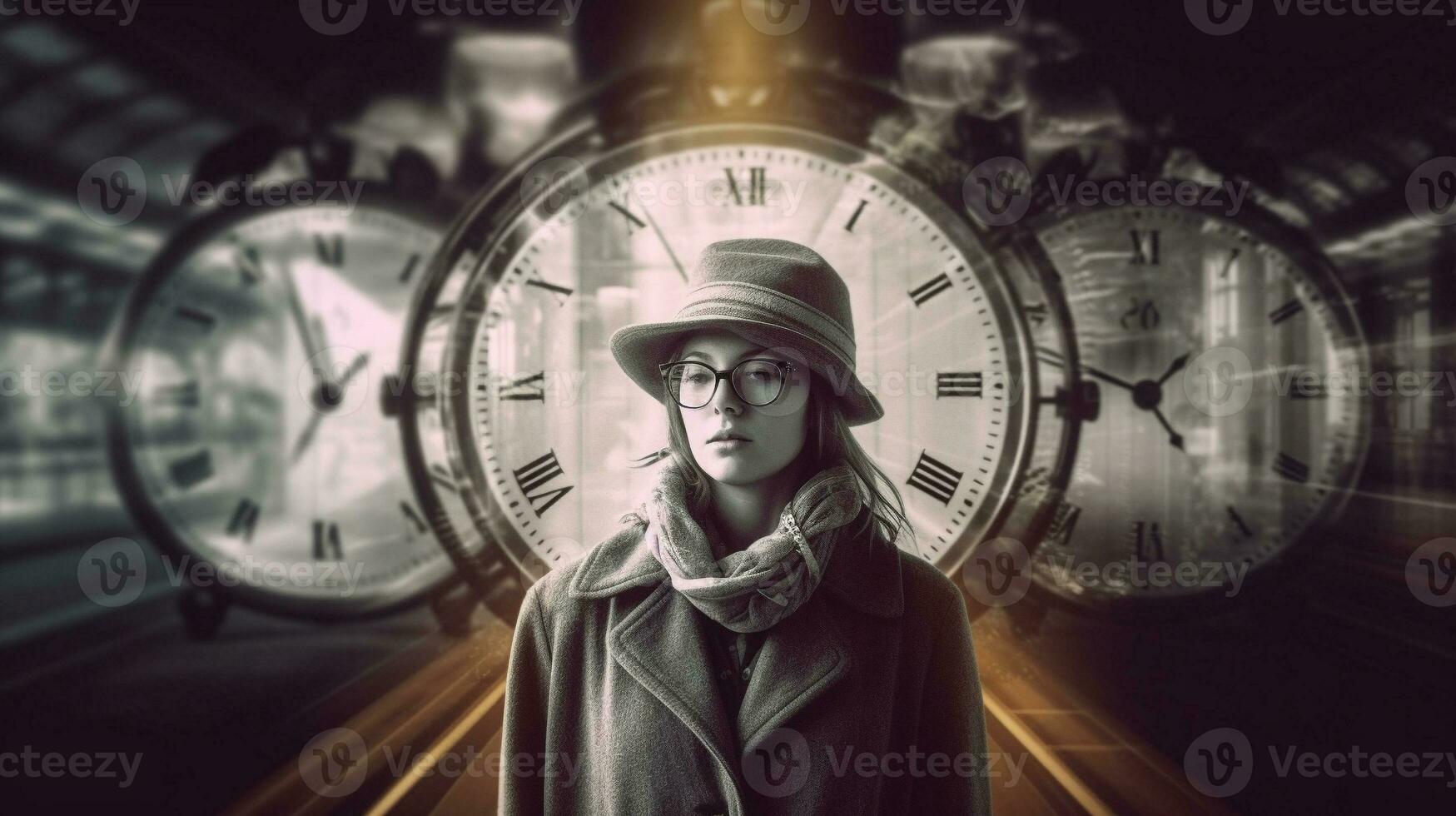 Generative AI, double exposure techniques to capture the concept of time travel. photo