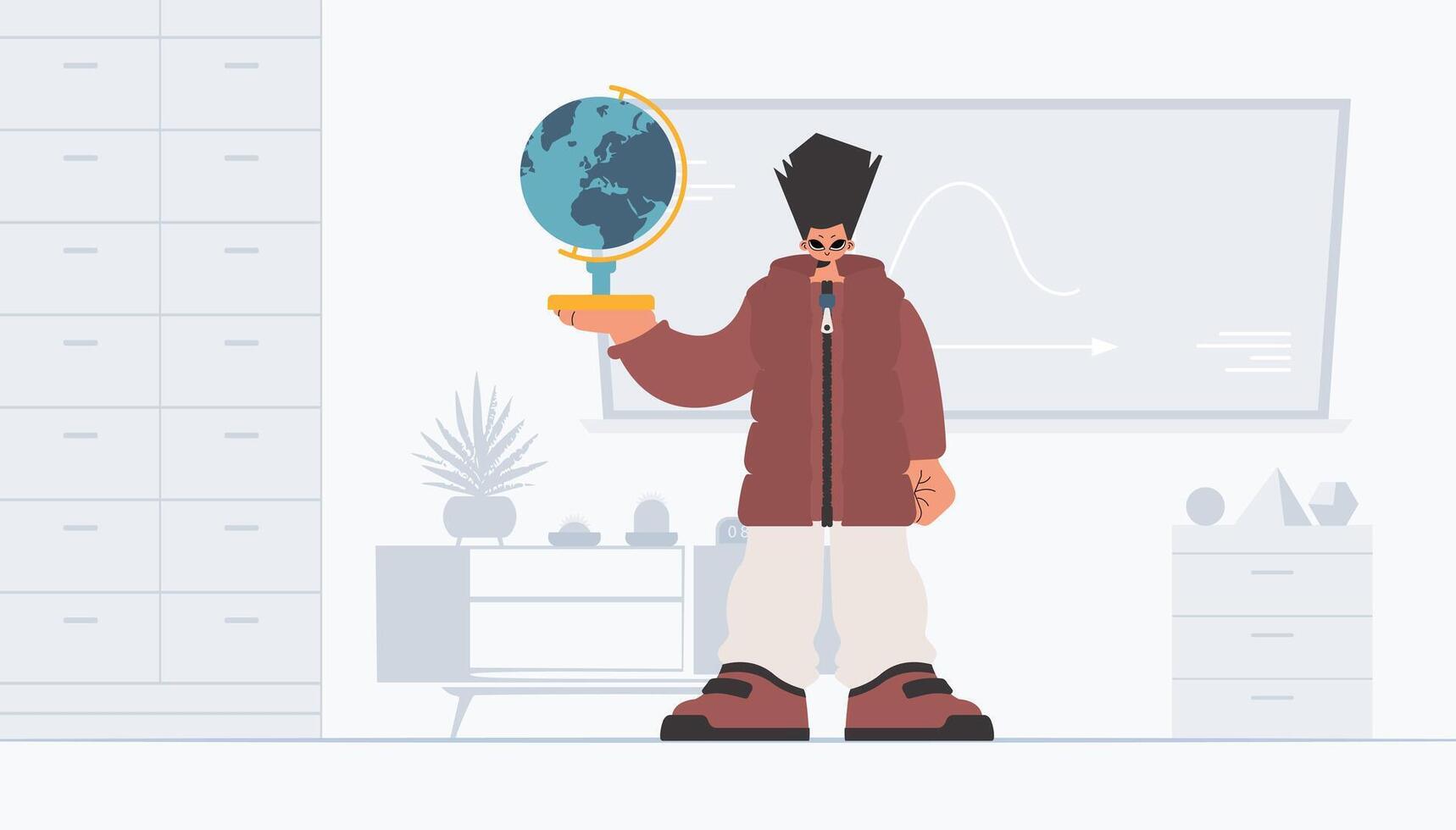 A cartoon man holding a globe in his hand vector