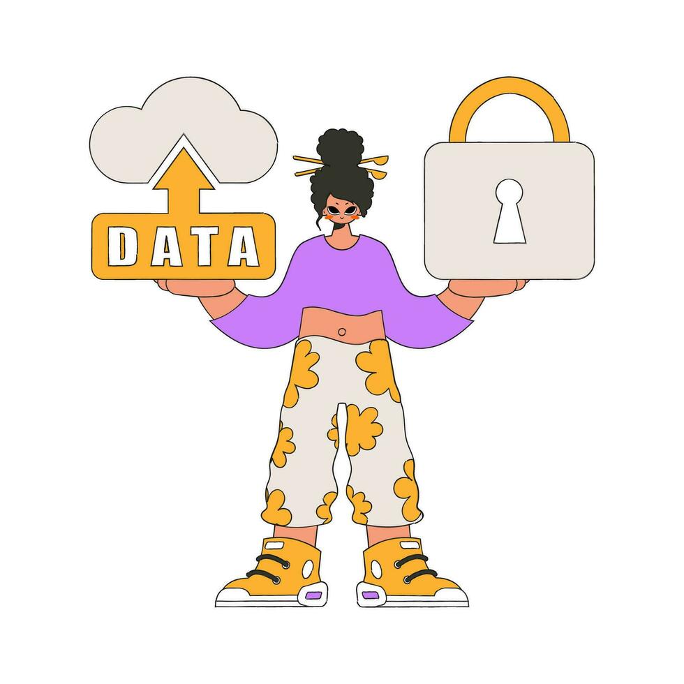 Girl with a padlock on her cloud storage. vector