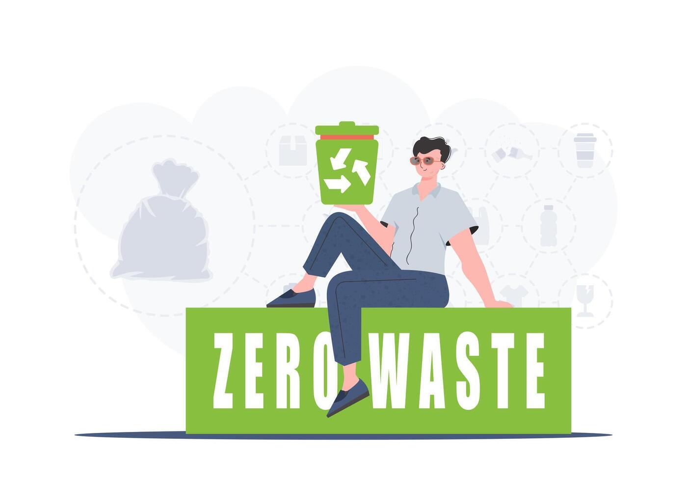 A man sits and holds a trash can in his hand. The concept of ecology and recycling. Vector illustration Flat trendy style.